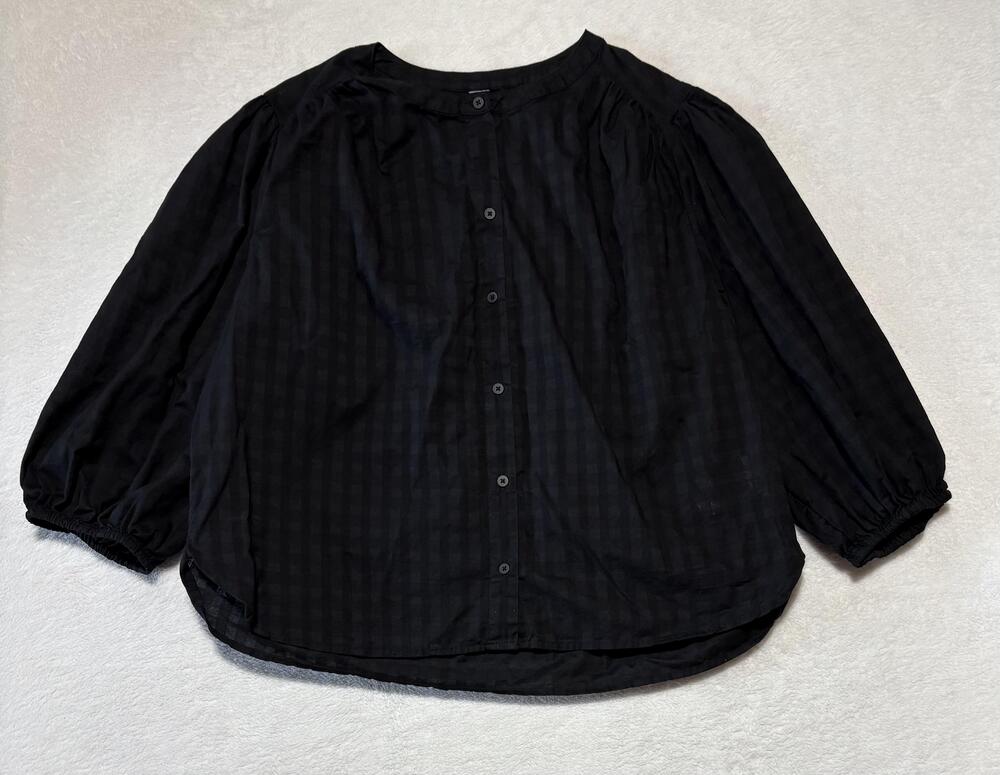 Old Navy Shirt Womens Large Black Check Puff Sleeve Button Front Dobby Top